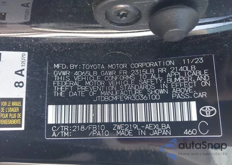 2024 Toyota Corolla Hybrid Le из США, поврежденный, VIN JTDBCMFE9R3036100